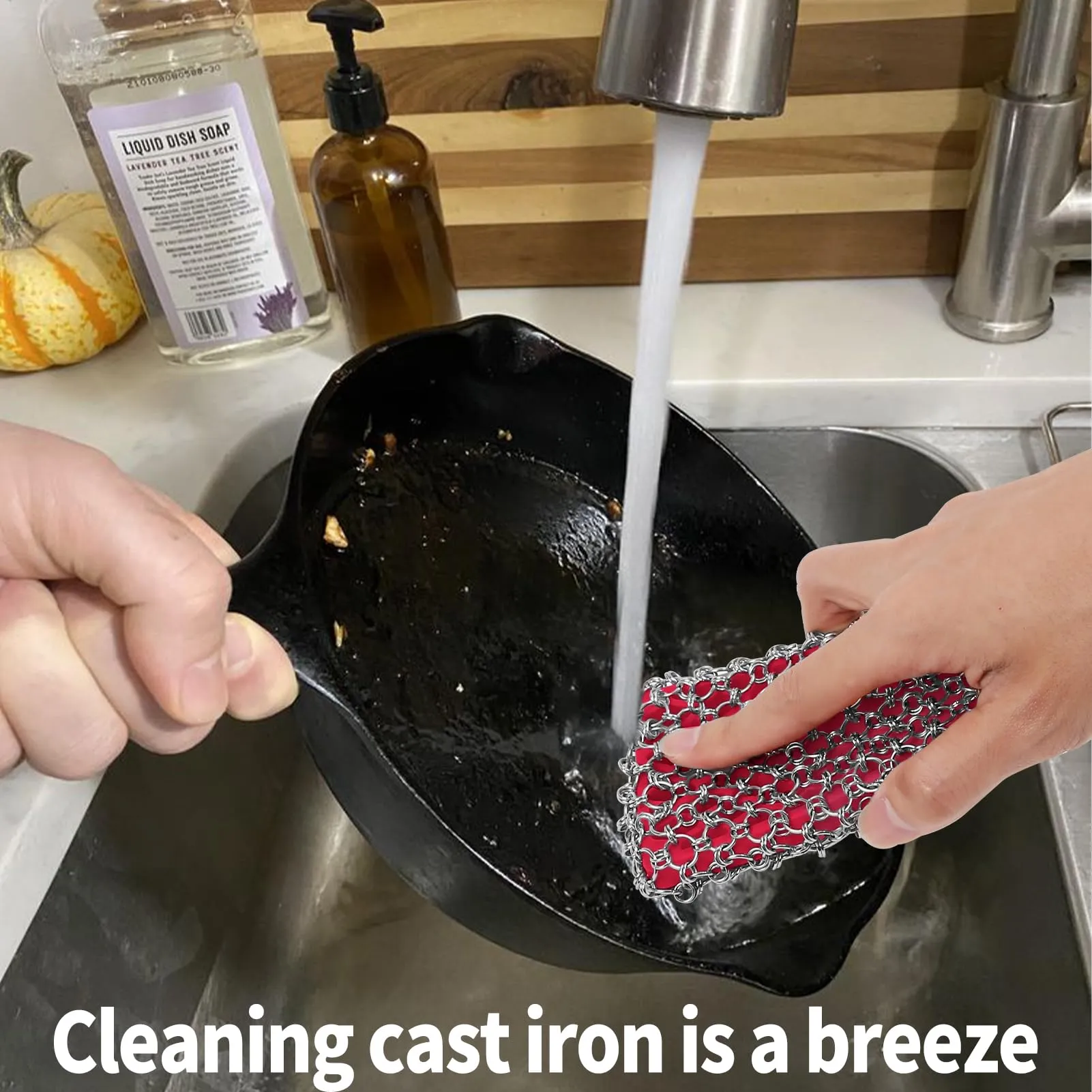 2in1 Cast Iron Pan Cleaner Scrubber - Detachable Cast Iron Scrubber Chain Mail Scrubber, Cast Iron Skillet Scrubber Cast Iron Cleaning Chainmail Scrubber for Cast Iron, Dutch Oven, Carbon Steel