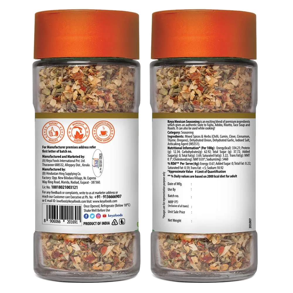 Keya Mexican Seasoning 50g l Natural & Healthy Spice Blend for Pizza, Pasta| Glass Bottle | Premium Herbs and Spices I No Preservatives
