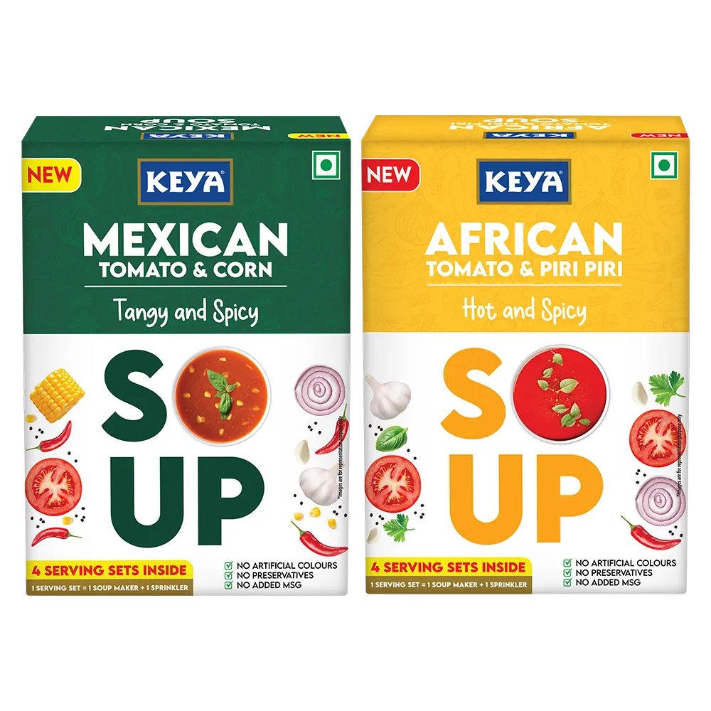 Keya Mexican Soup Tomato & Corn 52g | Keya African Soup Tomato & Piripiri 56g, Pack 2