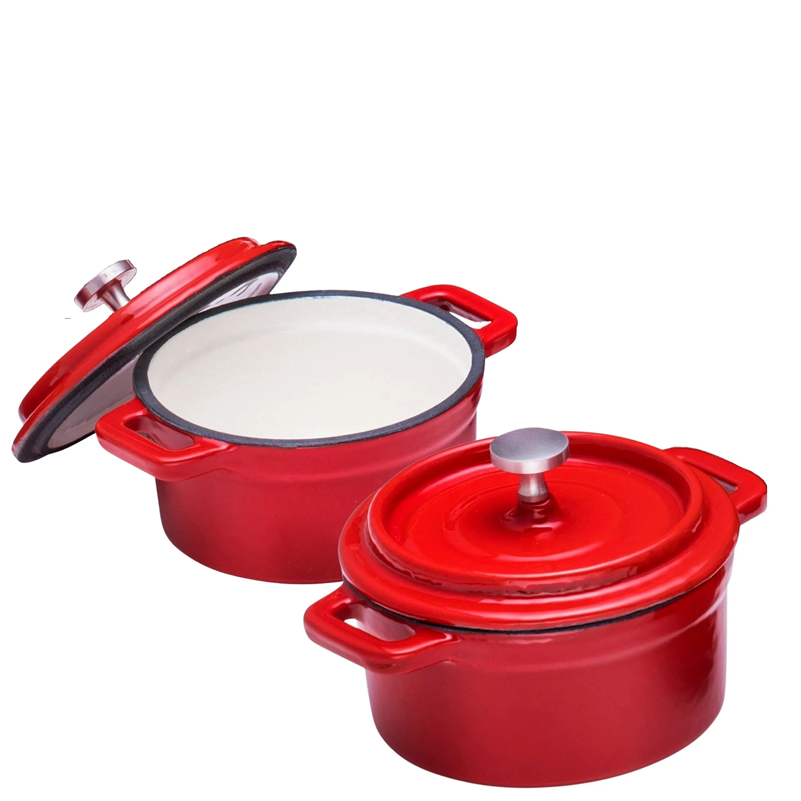 Set Of 2 Enameled 8 Ounce Cast Iron Mini Dutch Oven Round Cocotte with Lid, Nonstick
