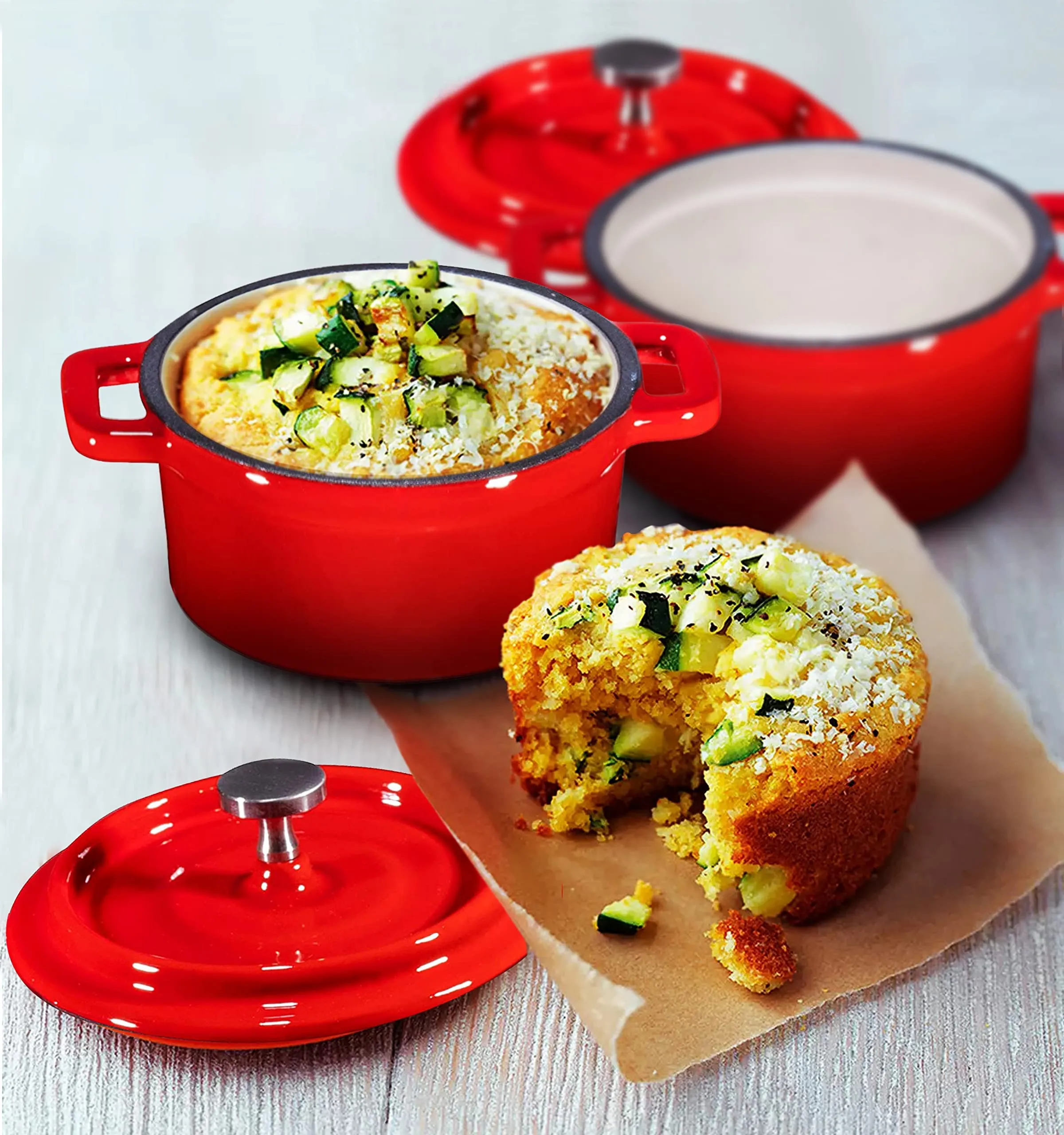 Set Of 2 Enameled 8 Ounce Cast Iron Mini Dutch Oven Round Cocotte with Lid, Nonstick
