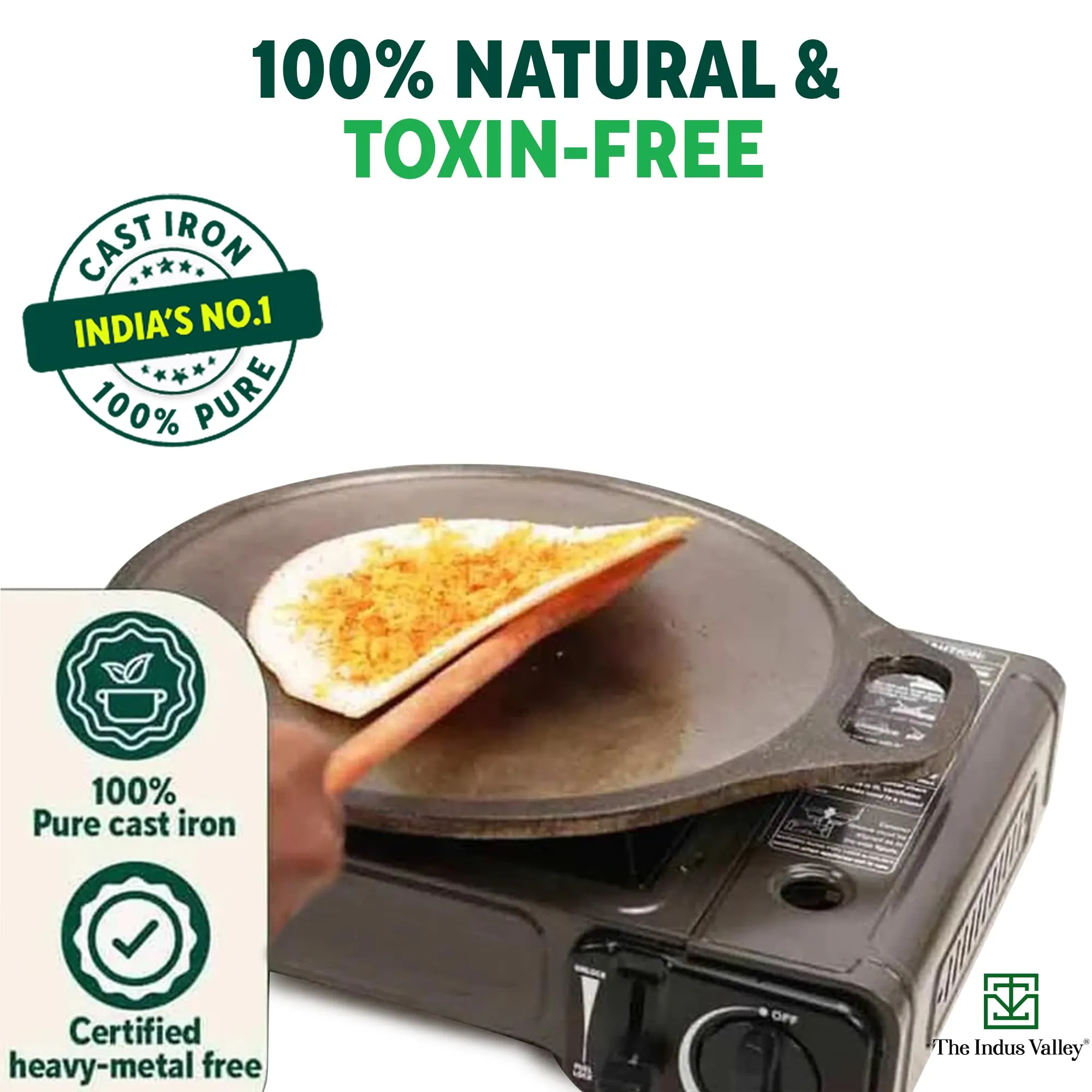 The Indus Valley Super Smooth Cast Iron Tawa for Dosa/Chapathi   Free Spatula | 30.5cm/12 inch, 3kg | Induction Friendly | Naturally Nonstick, Pre-Seasoned Tawa, 100% Pure & Toxin-Free